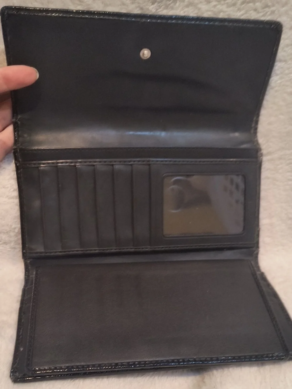 Coach Black Leather Patent Leather Trifold Checkbook Wallet